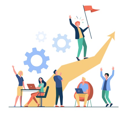 Illustration of coworkers celebrating success, with a person holding a flag atop an upward arrow while others cheer and work below. Gears in the background symbolize teamwork and progress. Illustration of coworkers celebrating success, with a person holding a flag atop an upward arrow while others cheer and work below. Gears in the background symbolize teamwork and progress.