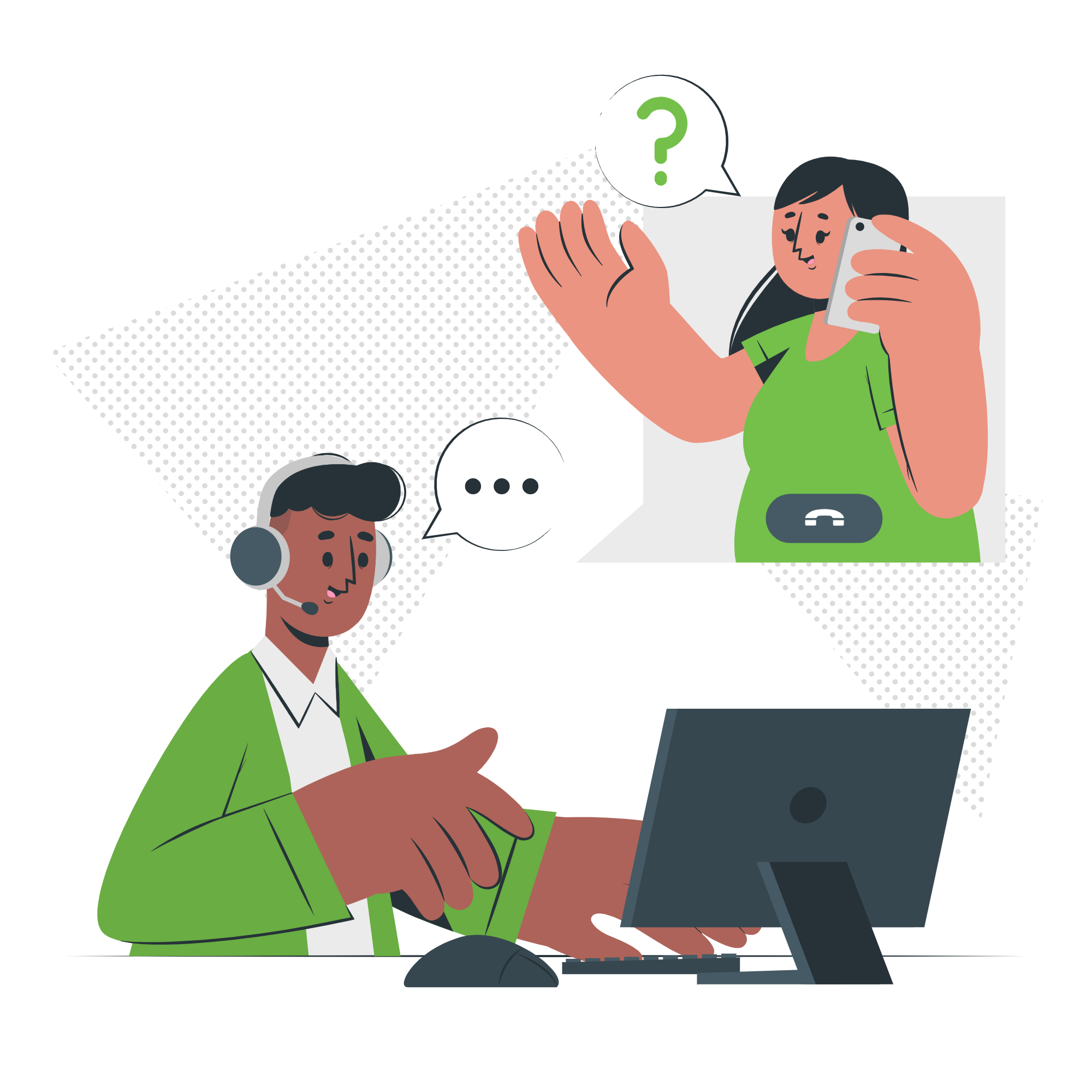 Female cartoon woman calling a male helpdesk worker with headset and computer